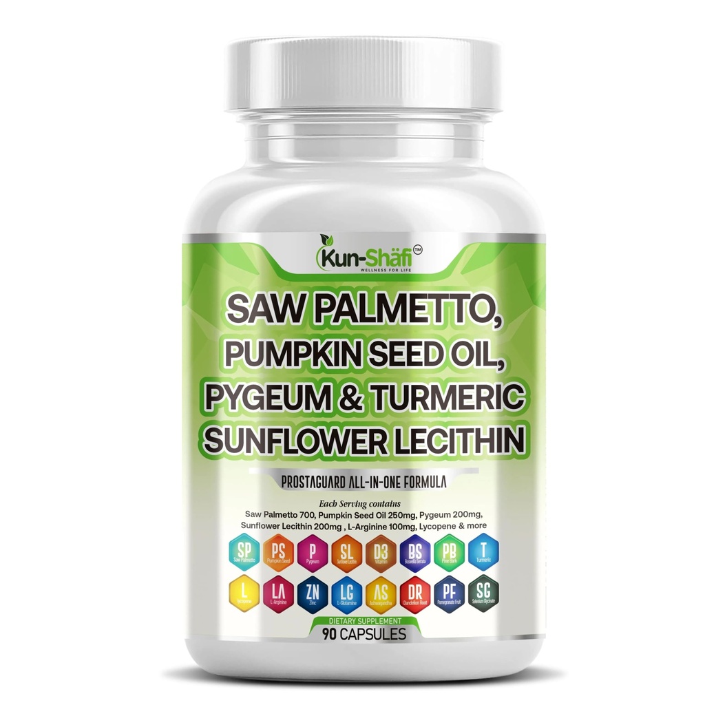 Saw Palmetto se štípající kopřivkou, Pygeum, Dýňové semeno, slunečnice Lecithin, Turmeric & Ashwagandha - Podpora prostaty pro muže s Lycopene & Vitamin D3 - 90 Kapsle