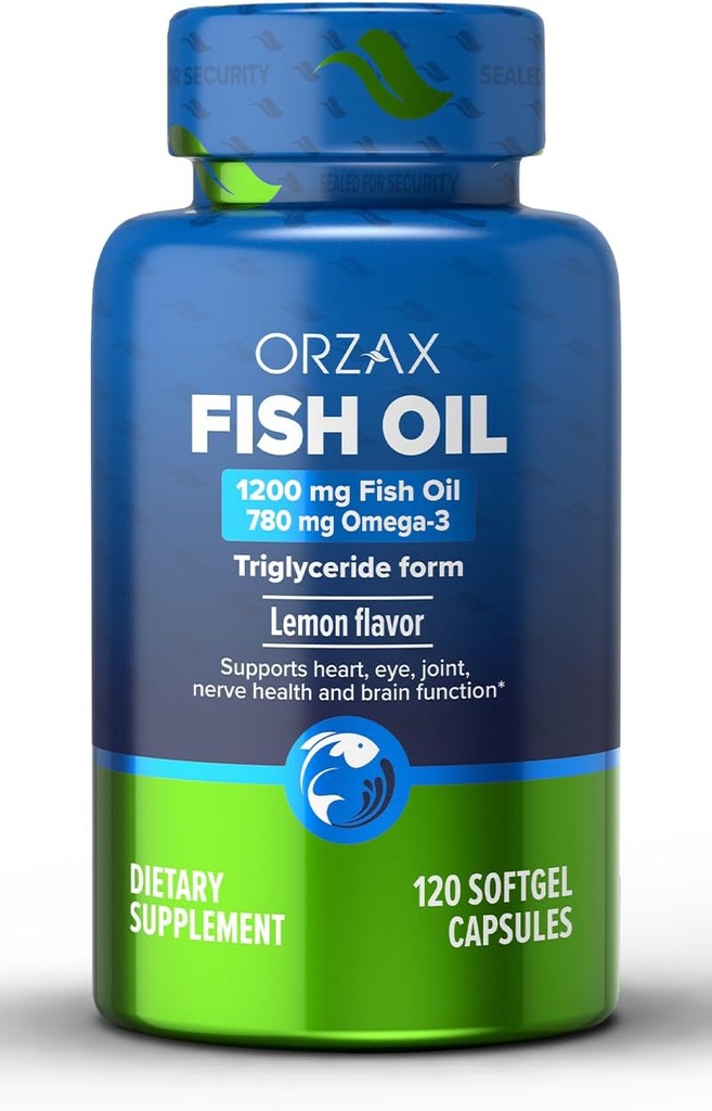 ORZAX Omega 3 Fish Oil 1200 mg - dodatek EPA DHA Omega 3 - Promotes Heart, Eye, Joint, Nerve, Imunitní, Brain and Blood Health - Burless & Lemon Flaused - Non- GMO - 120 Softgels - 60 Day Supply