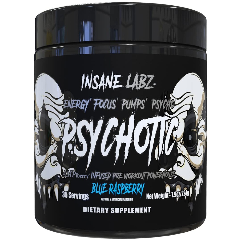Šílený Labz Psychotic Black Edition Mid Stimulant Pre Workout Powder, Energy Focus čerpadla, Naložené s Creatine Beta Alanine Tauine Fueled by AMPiberry, 35 Služebnictví (Blue Raspberry) - habs.com - Montreal Canadiens Fanoušci Mezinárodní