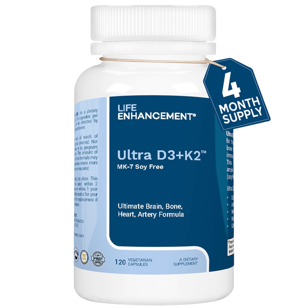 Life Enhancement Vitamin D3 K2 2000iu podporuje svalové a mozkové zdraví - D3 K2 dodatek pomáhá v imunitní a kardiovaskulární podpoře - Made in USA (120 Vegetariánské kapsle)