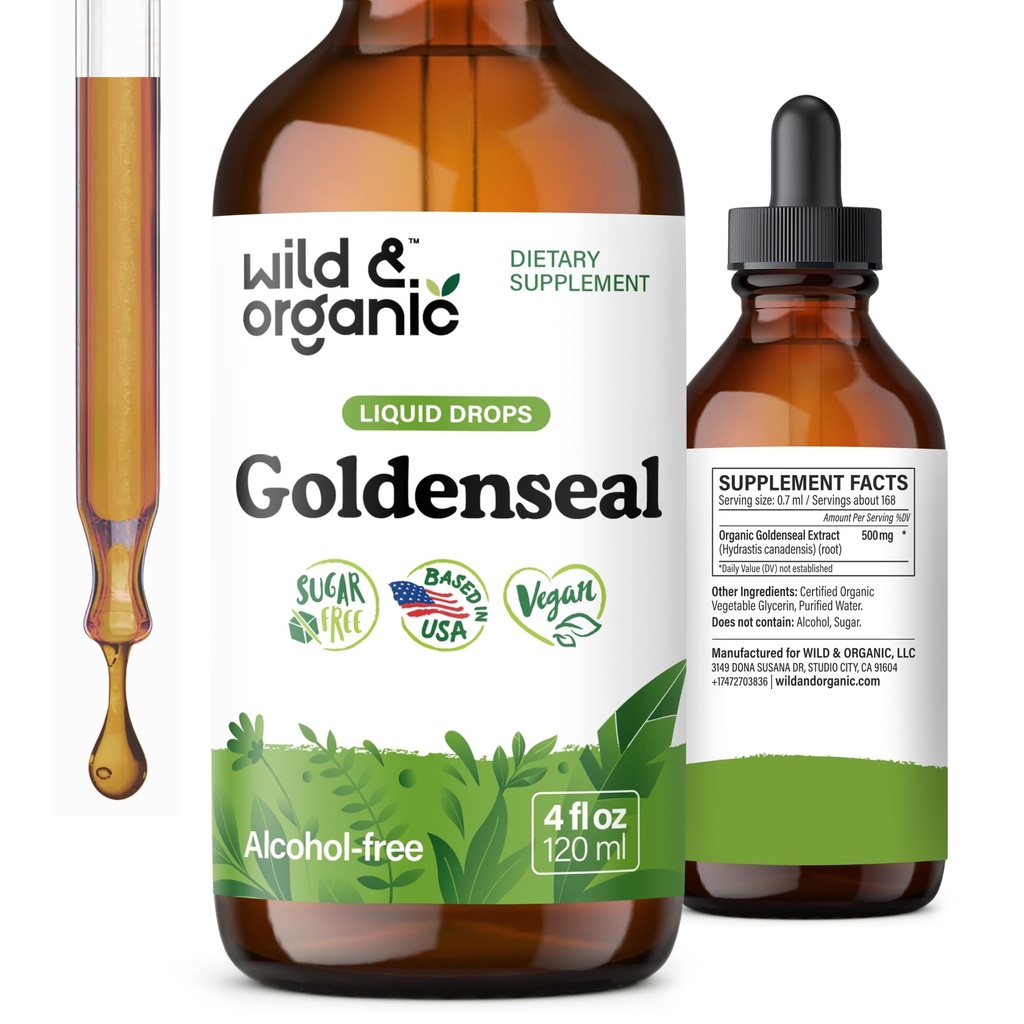 Wild & Organic Goldenseal Tincture - Lung & Digestive Support - Goldenseal Root Extract Liquid Drops - Vegan, Cukr & Alcohol- Free Herb Dodatek - 4 fl oz