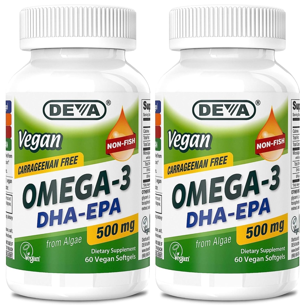 DEVA Vegan Omega33 DHA-EPA 500MG 2-Pack - No Karagenan, Non-Fish Oil Derived from Algae, Non-GMO, 60 Gelatin- Free Softgels Ea