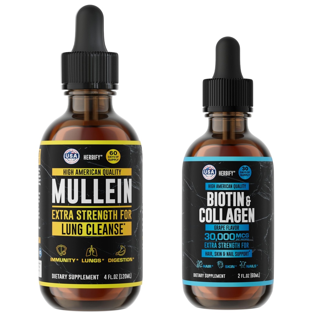 HERBIFY Bundle - Mullein Leaf Extract & Biotin a kolagen - Respirační podpora & Vlasová kůže a nehty Vitamíny Podpora