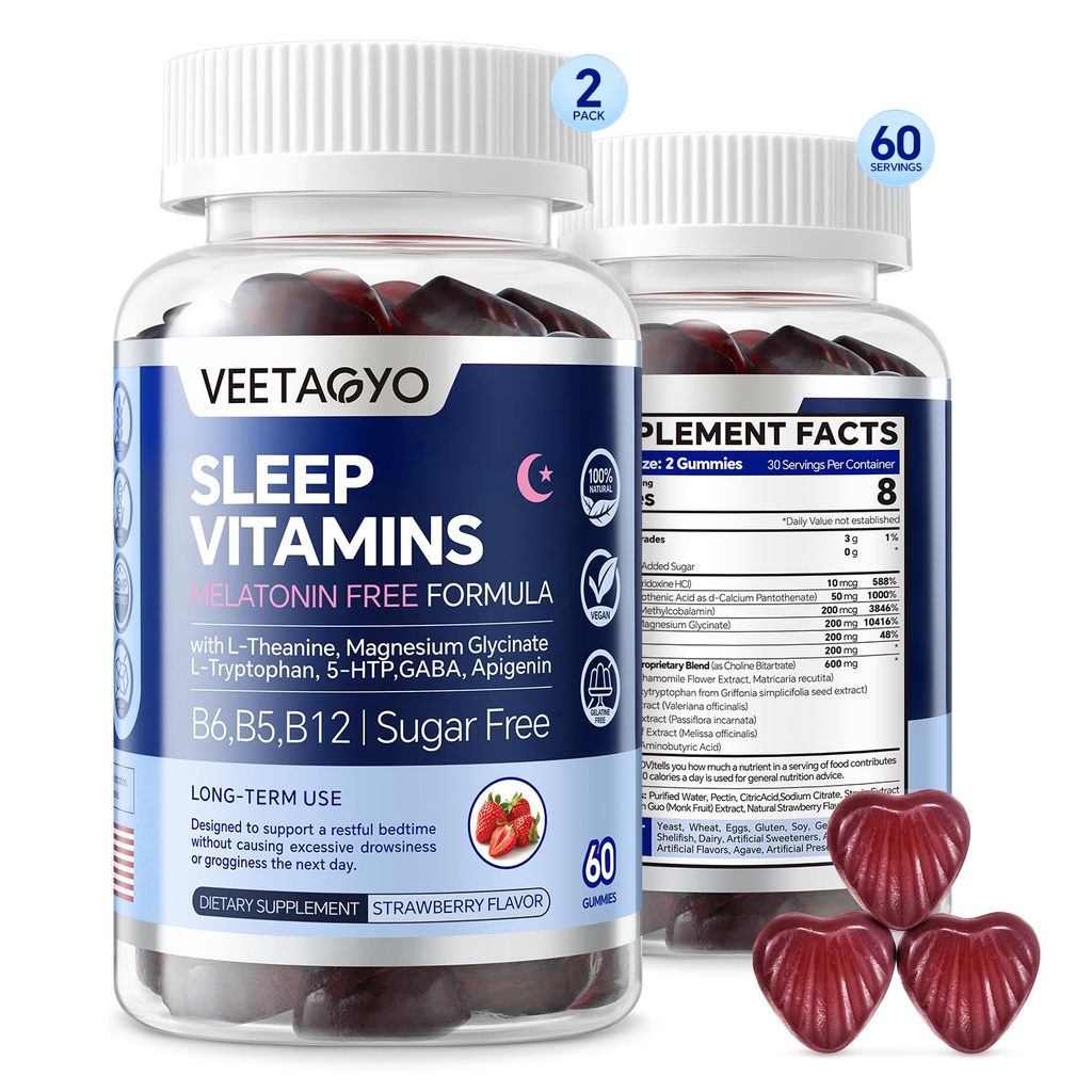Melatonin Free 5-HTP GABA dodatek gumy pro dospělé a děti 12 + s L- Theanin, Magnesium Glycinát, L- tryptofan, Apigenin - Cukr zdarma, Jahodová Flavor, Vegan, 120 Počet