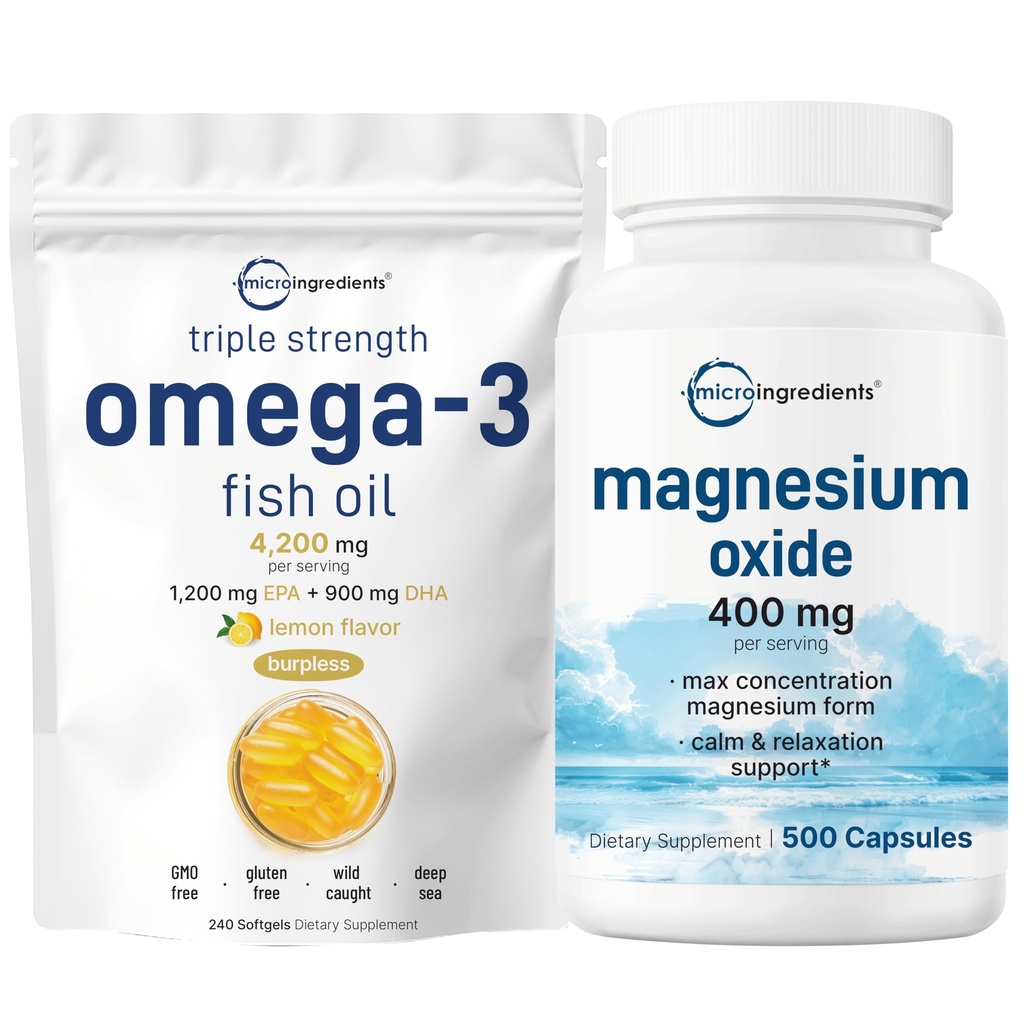 Micro Ingredients Omega-3 Fish Oil 4 200mg & Oxid hořečnatý 400mg Bundle Pack CU124; Wild- CUD Fish, Lemon ochucený, Burless CU124; Elemental Form for Max Concentration