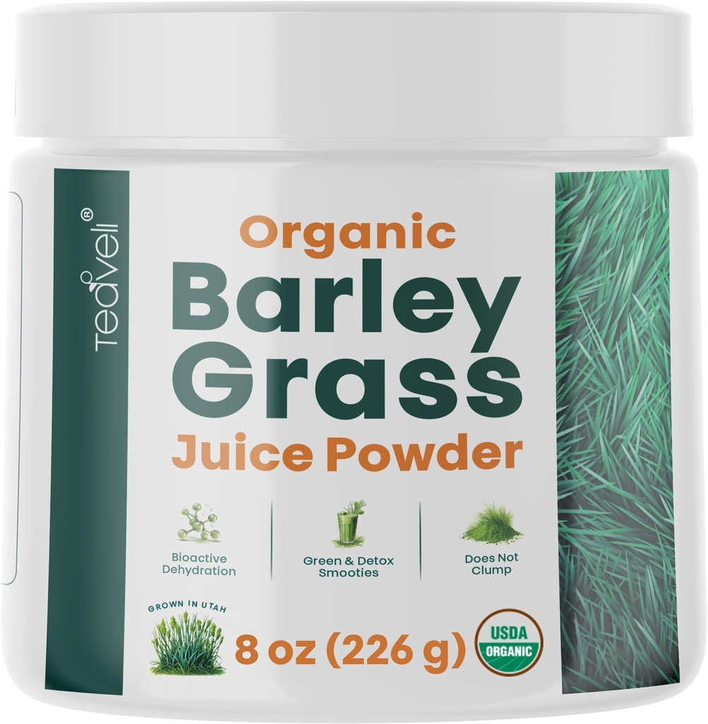 Teaveli Organic Barley Grass Juice Powder- Raw, Utah Grown Barley Grass Juice Extract for Detox- Complements Wheatgrass Juice- Made in USA Without Gluten, Additives or Preservatives - 8 oz (226 Grams)