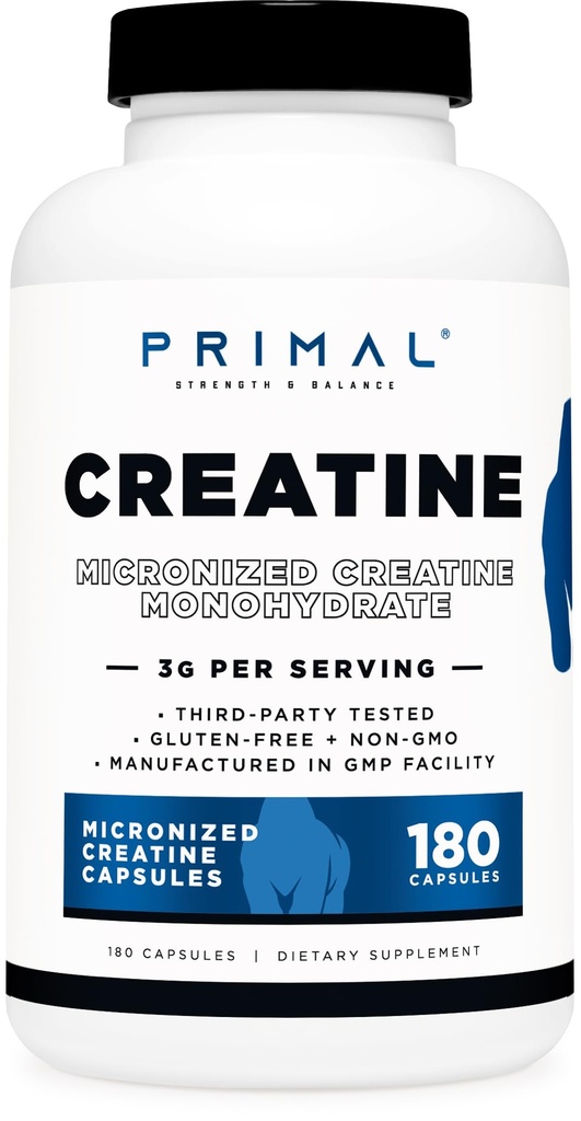 Primal Creatin Monohydrát (3.000 Mg, 180 Caps) - Mikronizovaný Creatin dodatek, 750mg per Capsule, Great for Prespine and Recovery - Gluten- Free, Non- GMO