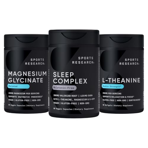 Sportovní výzkum Double Strength L- Theanine Doplněk pro Focus & Relaxation, Magnesium Glycinát pro Restful Sleep & Enzymatic Processes + Sleep Complex Melatonin- Free Vegan Kapsle