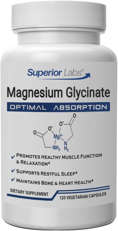 Superior Labs Magnesium Glycinate 1250 mg, High- Absorpce, Pure Non- GMO, Podporuje kvalitní spánek, Easy Svalové křeče, kosti a srdce zdraví, 120 Veg Caps