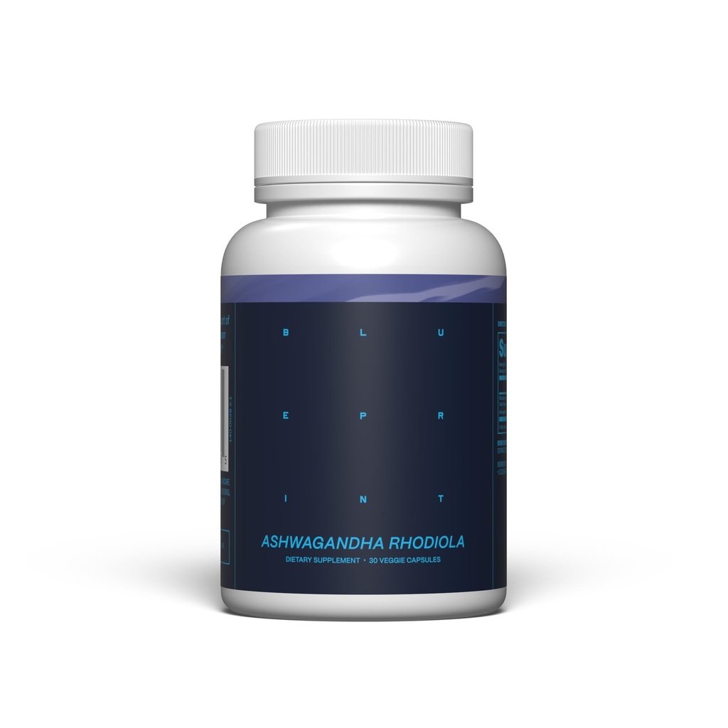 Blueprint Bryan Johnson Ashwagandha & Rhoddiola Dodatek - 120mg Ashwagandha + Rhoddiola Root - Denní adaptogen Kapsle pro podporu stresu, Mood Balance, Energy & Focus - 30 Vegan Kapsle