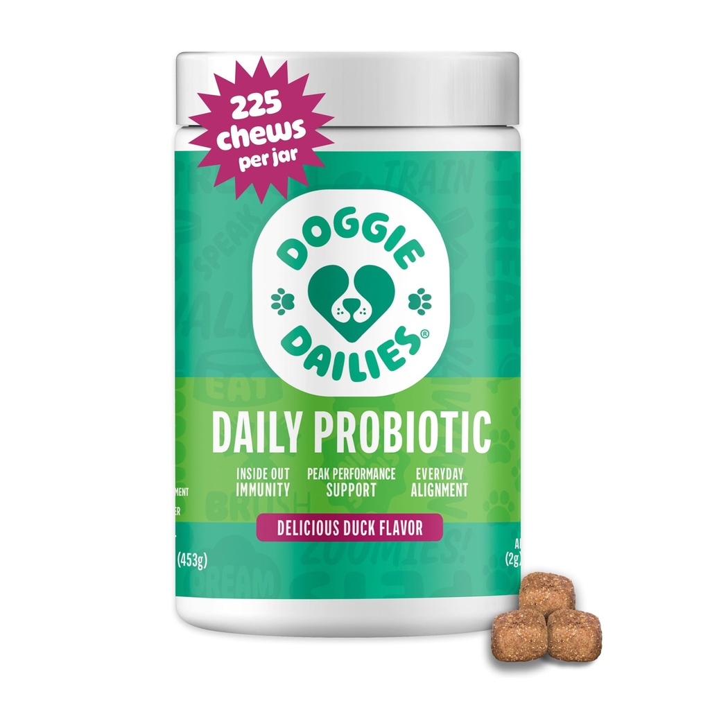 Doggie Dailies Probiotika pro psy - Advanced Dog Probiotics with Prebiotics - Promotes Digestive Health - Podporuje imunitní systém a celkové zdraví (Duck) 225 měkkých žvýkaček