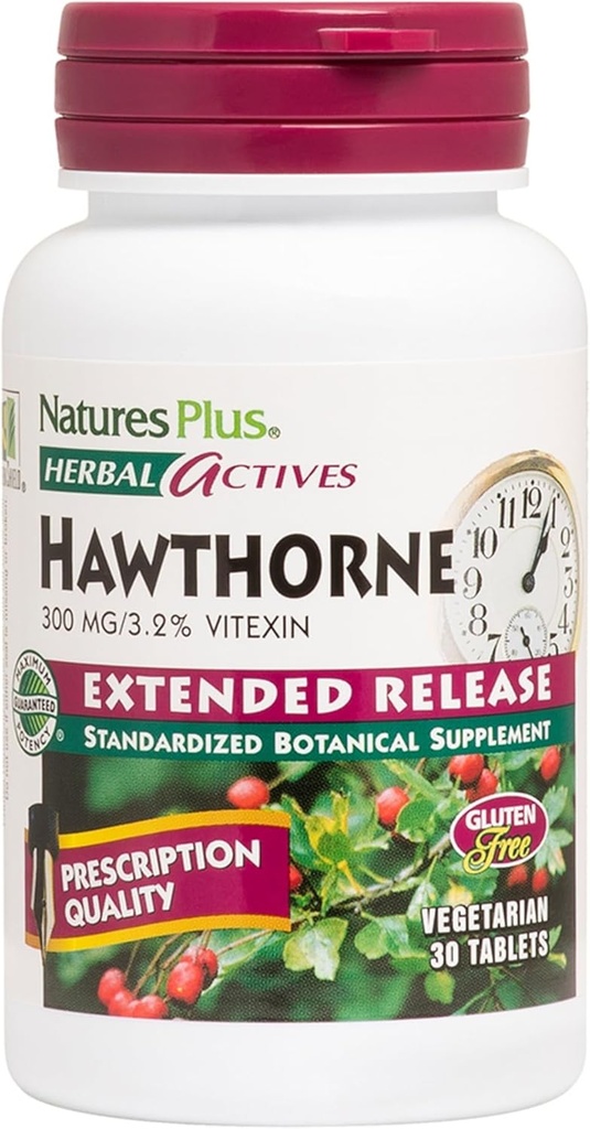Natures Plus Bylinné látky Hawthorne - 300mg, 3,2% Vitexin, 30 Veganských tablet - 30 Služeb