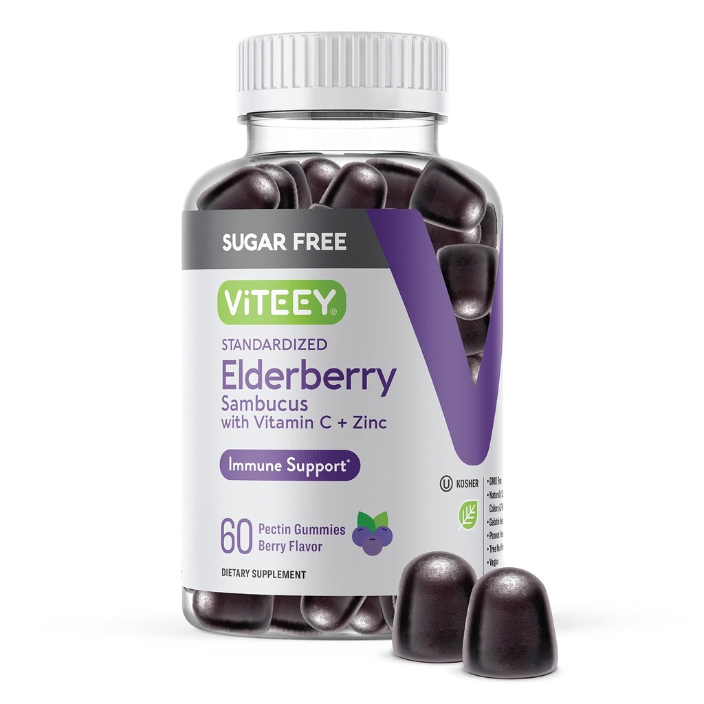 VITEEY Sambucus Elderberry Gummies pro dospělé a dospívající + zinek a vitamín C - bez cukru - Imunitní podpora & Booster Herbal dodatek - Vegan, gluten zdarma, želatina zdarma, GMO zdarma, žvýkací Berry ochucené