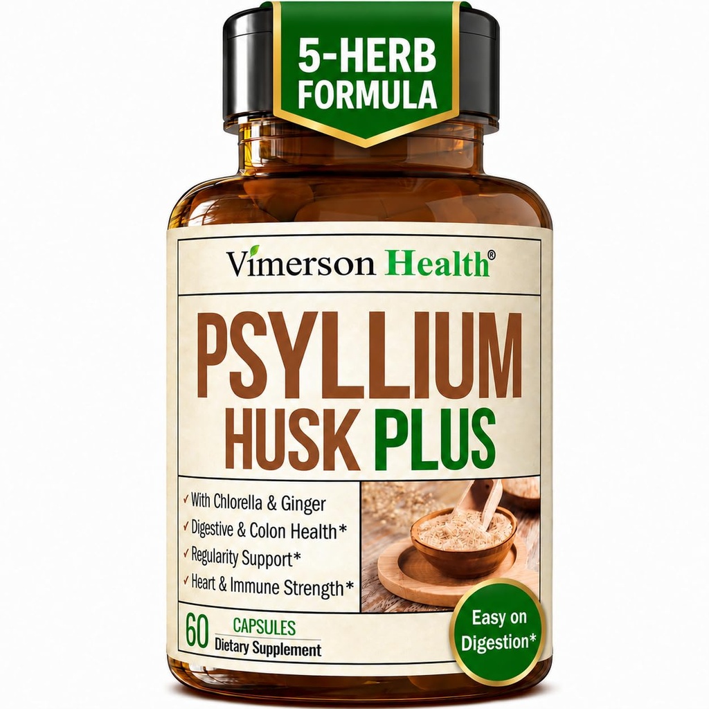 Vláknina dodatek s 1080mg Psylium Husk Powder, Slippery Elm pro ženy a muže, Zázvor Root - High Fiber Pills for Regularity, Digestive & Gut Health - Gentle on Stomach 60 Psylium Husk Kapsle