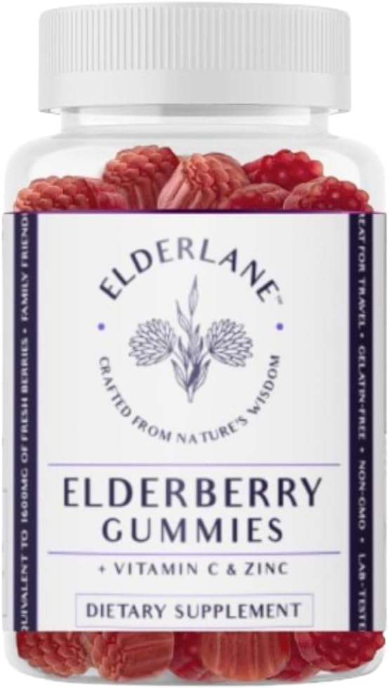 Elderlane Elderberry Gummies pro dospělé a děti - Imunitní podpora - Non- GMO, Vegan, gluten- Free, Gelatin- Free - 60ct, 100mg