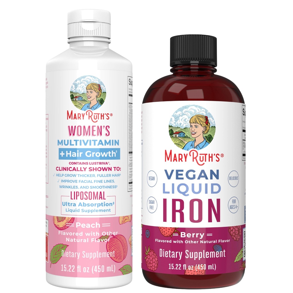 MaryRuth 's Women' s Multivitamin + Hair Growth Liposomal (Peach) & Iron Liquid (Berry) CLAS124; Clean Label Project Ověřený ® CLAS124; Doplňky pro krásu, imunitu, a celkové zdraví CLAS124; Vegan, Non- GMO, gluten- Free