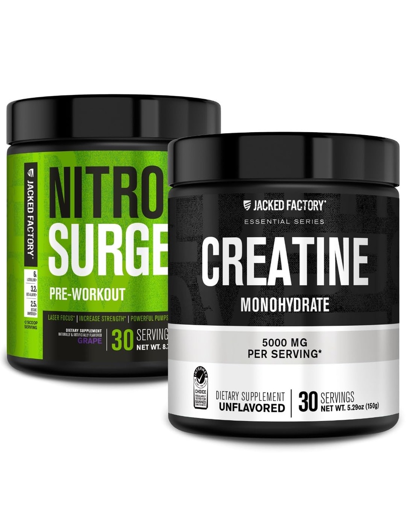 Jacked Factory NITROSURGE Pre Workout dodatek (Grape, 30 Servings) & Creatin Monohydrát prášek (Neochucené, 30 Servings)