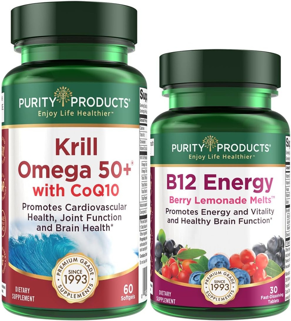 Výrobky pro čistotu Bundle - Krill Omega 50 + s CoQ10 + B-12 Energy Melt - Krill Omega 50 + s CoQ10 (Krill Oil, Fish Oil, CoQ10, Vitamin D) B-12 Berry Melt (Methylkobalamin B12 + B6 + D3 + Více)
