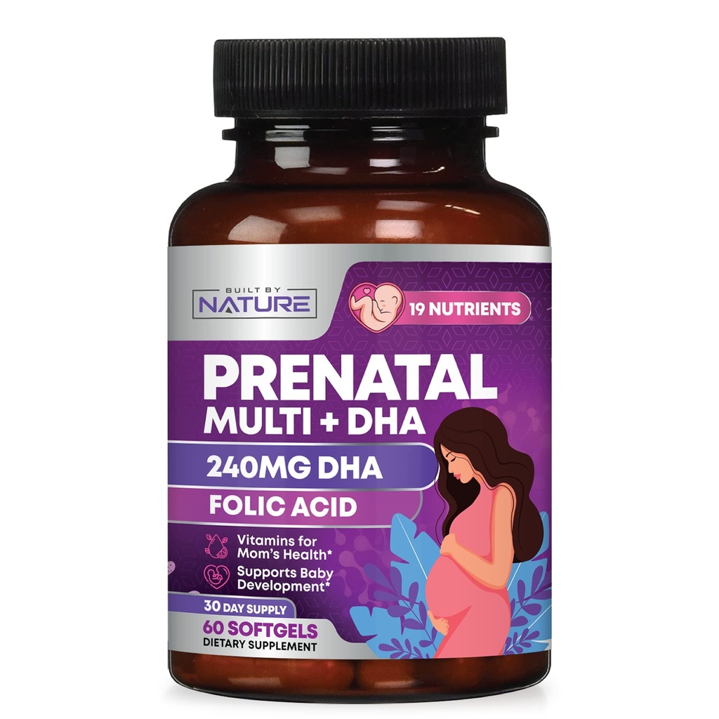 Prenatální vitamíny pro ženy - Multivitamin s DHA, kyselina listová, vitamin C, B12, železo & Omega-3 - Před, Během těhotenství a post dodatek pro zdravý růst a vývoj mozku - 60 Softgels