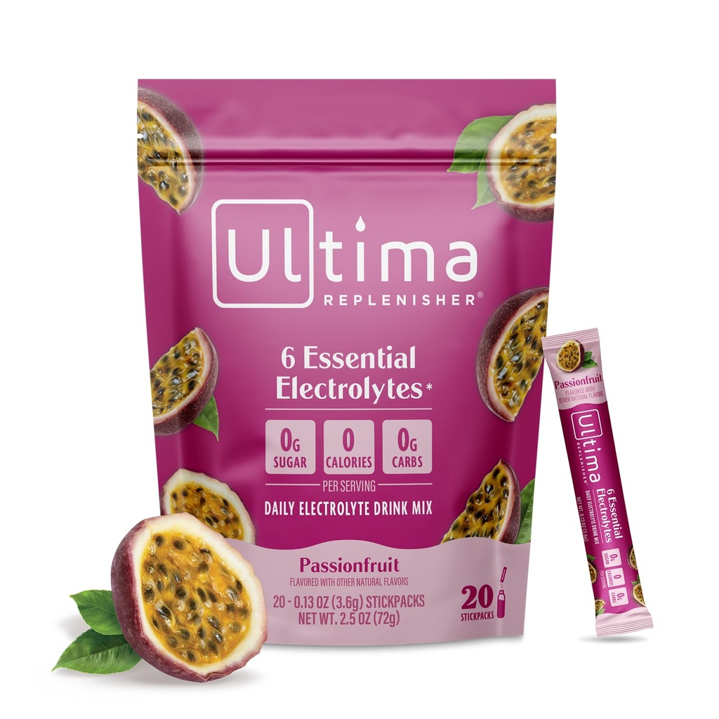 Ultima Replenisher Daily Electrolyte Powder Drink Mix - Sugar Free - Passionfruit, 20 Stickpacks - Hydratační balíčky s 6 elektrolyty a stopovými minerály - Keto Friendly, Non- GMO