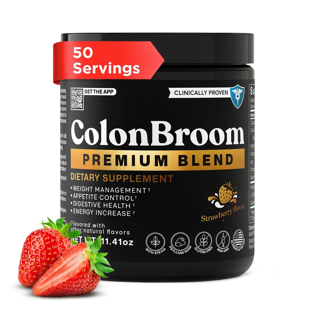 ColonBroom Premium Powder Supplement (Strawberry) - Colon Broom Psylium Husk Fiber Powder Drink - Gluten Free, Non-GMO Colon Cleanse for Bloating Relief & Gut Health, 50 Servings