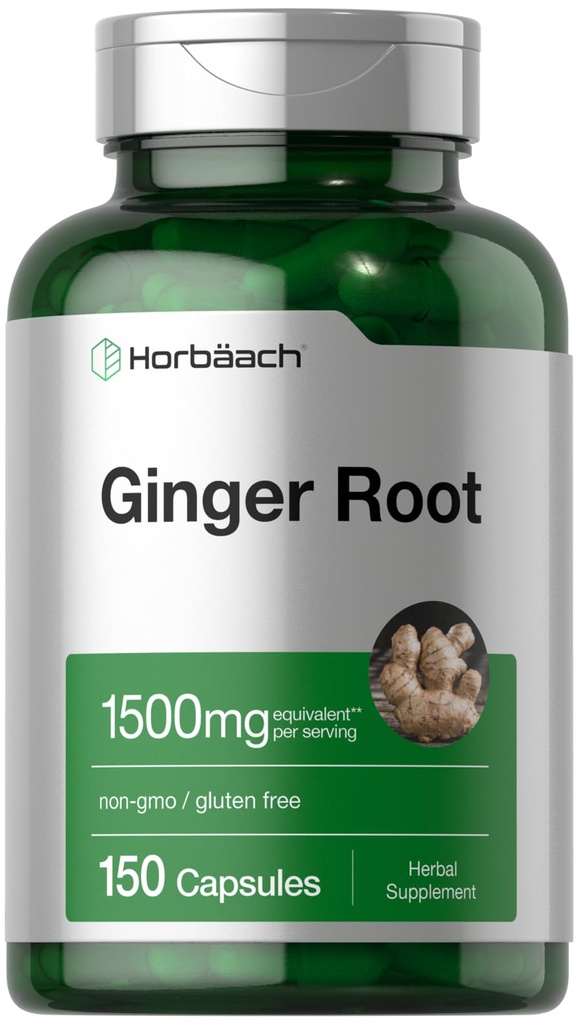 Horbäach Ginger Root Capsules 1500 mg 600mg 6004; 150 Pills 6004; Non- GMO, gluten Free Fol124; Ginger Root Extract