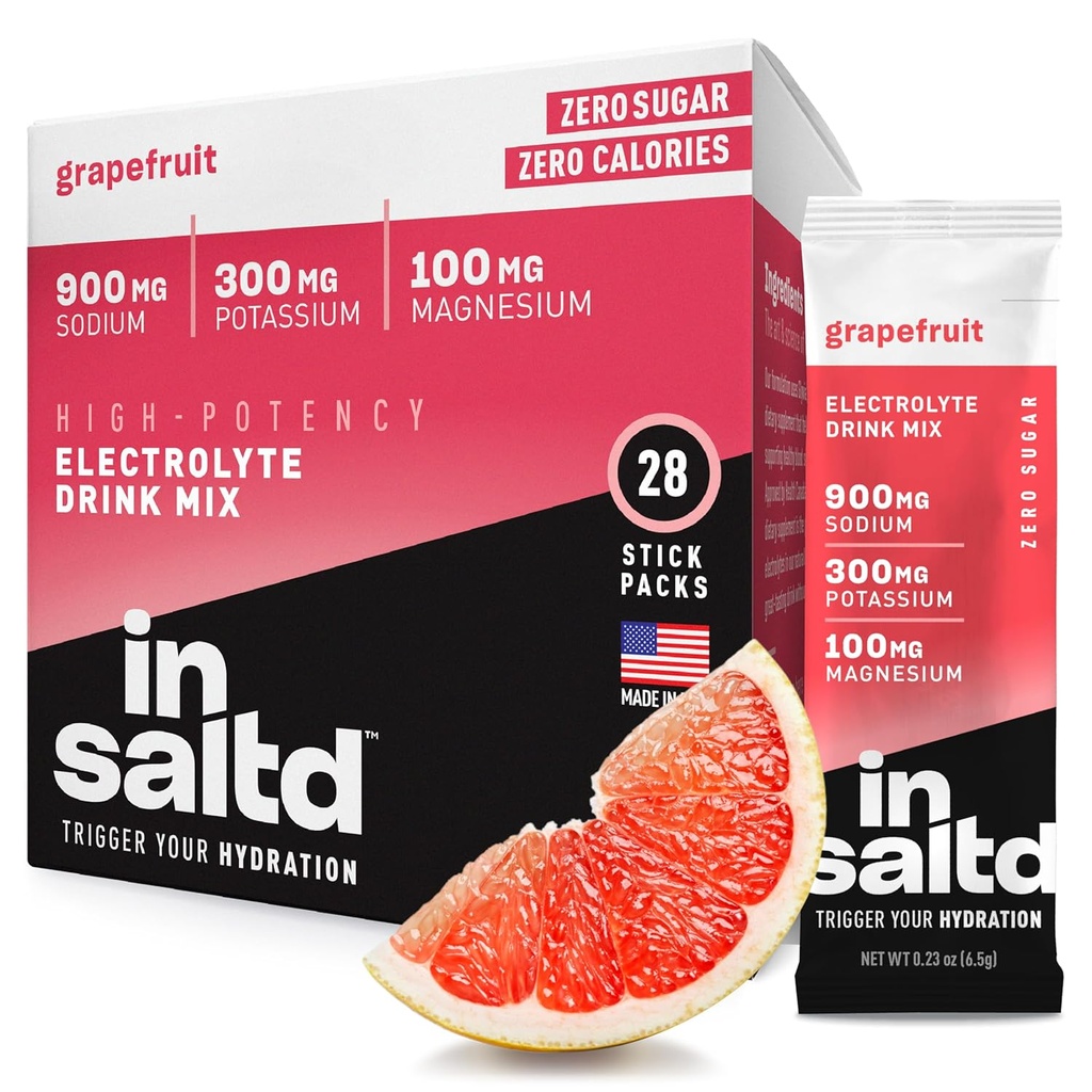 INSALTD ™ Sugar Free Electrolytes Powder Packets with No Stevia After taste 124; High- Potency Hydration Packets French 124; Keto Electrolyte Drinky French 124; Intermitent Fasting Drink Mix 124; 28 Pack (Grapefruit)
