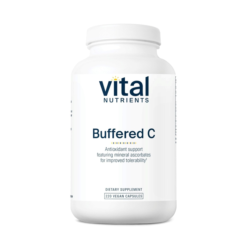 Vital Nutrients Buffered Vitamin C 500mg FLA124; Vegan Gentle Vitamin C pro citlivé jedince * CLAS124; Imunitní doplněk podpory * CLAS124; Gluten, mléčná a sójová zdarma FLAS124; Non- GMO FLAS124; 220 Kapsle