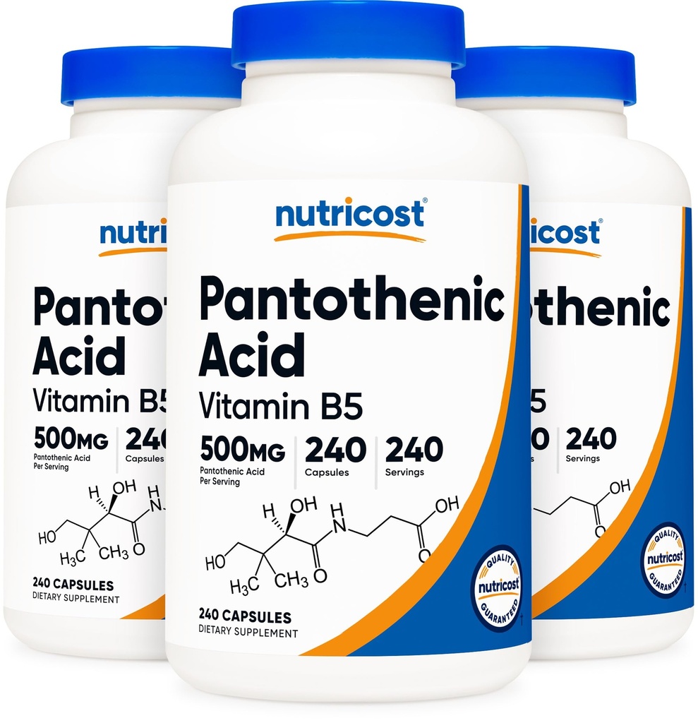 Nutricost Pantotenová kyselina (vitamin B5) 500mg, 240 tobolek (3 lahvičky)