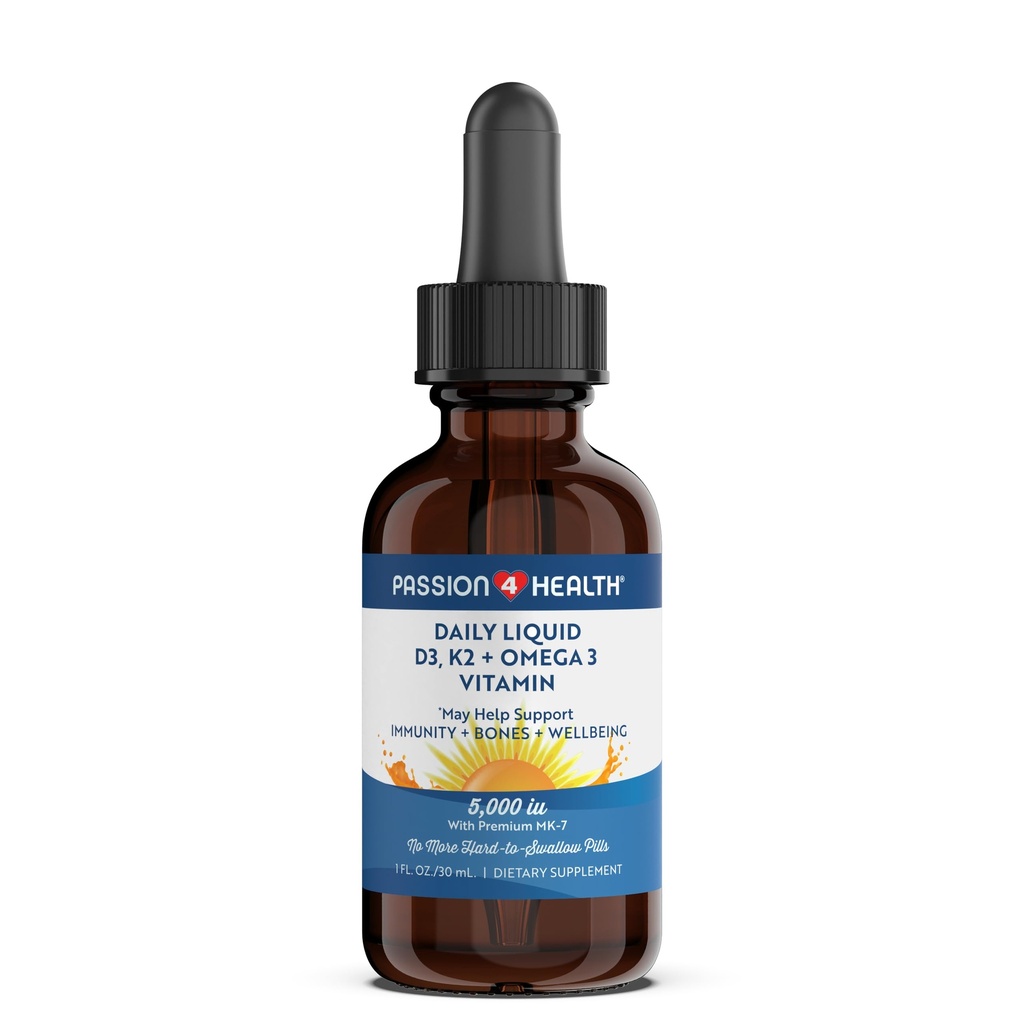 Vášeň 4 Zdraví Organický tekutý vitamin D3 K2 (Mk-7) + Omega 3 Dodatek - Tekutý vitamín D Kapky (5000IU) - Podpora pro zdravé kosti a svaly
