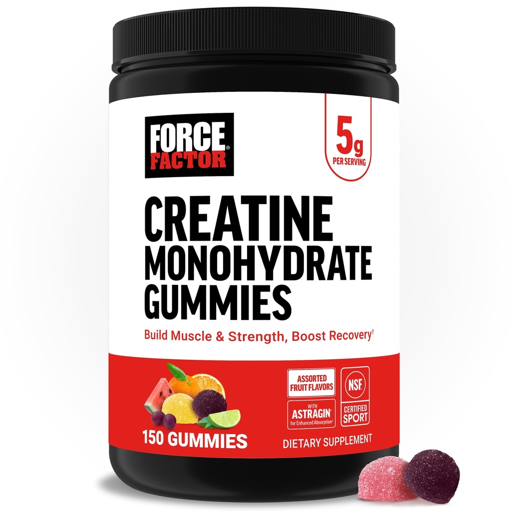 Force Factor Creatine Monohydrát Gummies, 5g Dávka pro muže a ženy na podporu svalů, síla, zotavení, kognitivní zdraví a paměť, tříděné ovocné příchutě, 150 Gummies