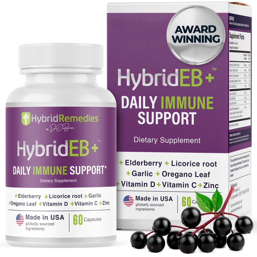 HybrideB Sambucus Elderberry Imunitation Support with Vitamin C, Zinek, Vitamin D3 - Antioxidant & Imunita Dodatek, 1 měsíc Dodávka - 9 v 1 Black Elderberry Děti a dospělí - 60 Kapsle
