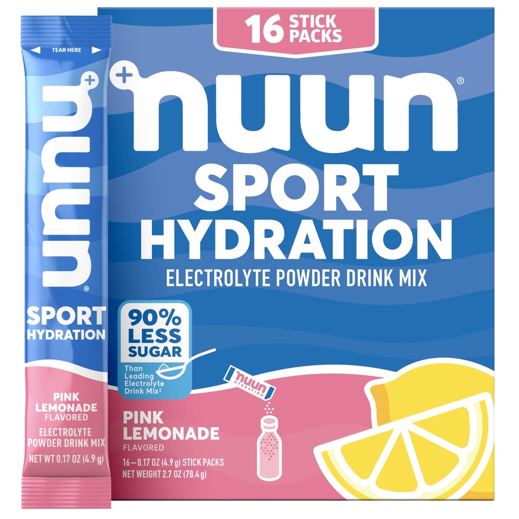 Nuun Sport Electrolyte Powder Packets s hořčíkem, vápníkem, draslíkem, chloridem a sodíkem, Hydratační balíčky pro On- theBean, Pink Lemonade Flavor, gluten Free & Vegan, 16 Single Serving