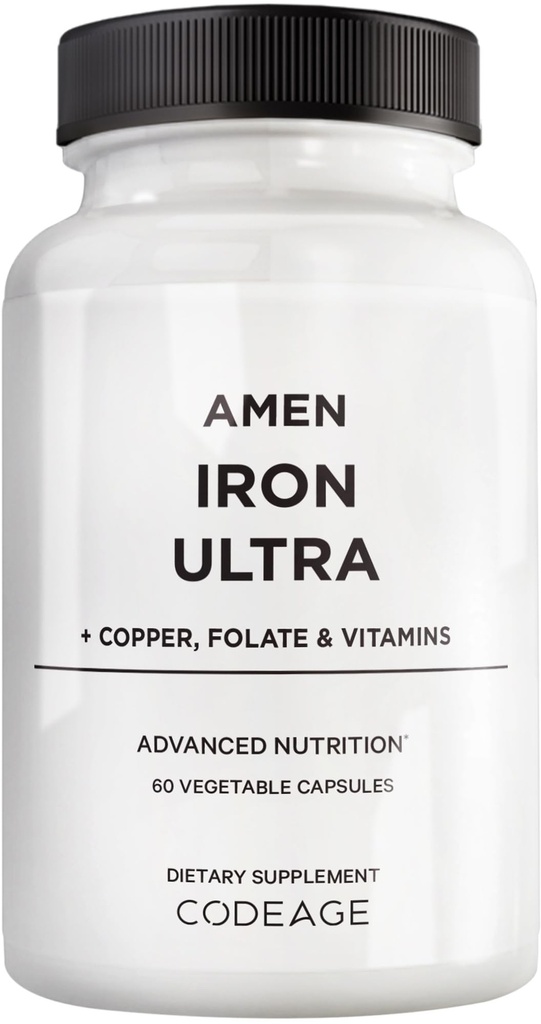 Amen Železný Ultra doplněk + Měď, Folát, Vitamin C a B12-2-Měsíční zásoba - Železný sulfát Železný vitamín - 65mg per Serving - Kyselina listová - Non- GMO pilulky - 60 Kapsle