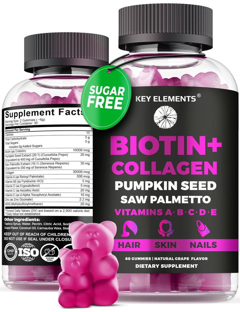 Vlasové kůže a nehty 10000mcg Gummies & Collagen Gummies - Biotin Vitamíny pro růst vlasů Dýňový olej, Saw Palmetto Extract & Vitamíny A B6 C D E - Biotin a kolagen doplňky