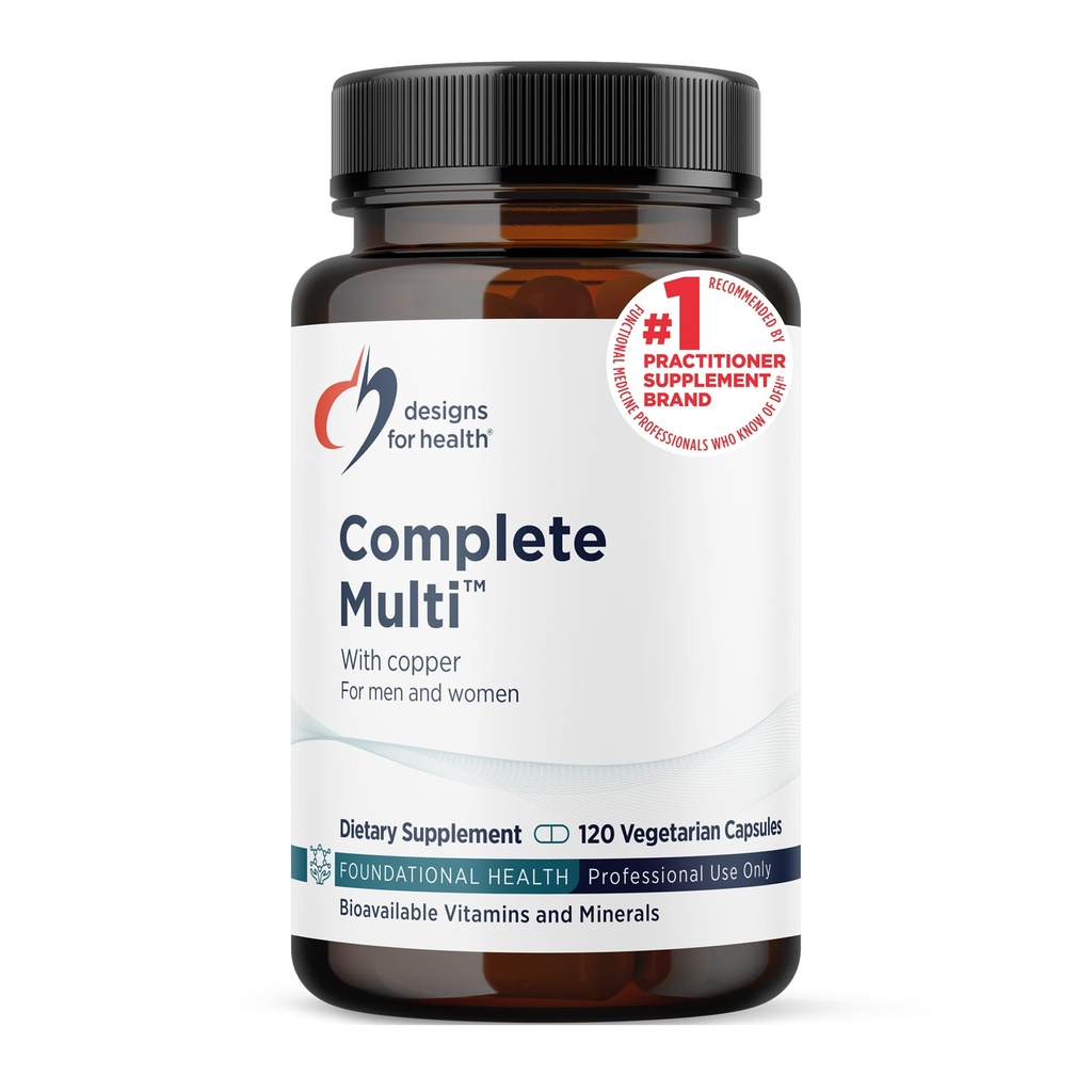 Designy pro zdraví DFH Kompletní Multi s mědí - Komplexní multi vitamin + Minerální doplněk s folátem, 1000 IU vitaminu D, Imunitní podpůrná vitaminy - Multivitamin bez železa (120 Kapsle)