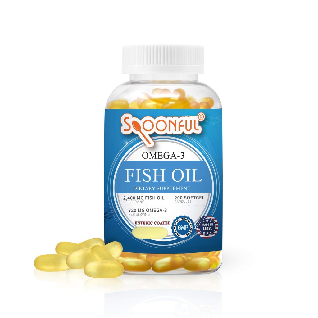 Spoonful Omega 3 Fish Oil Enteric Coated 2400mg, 200 Capsules, Burless, Rapid Release Softgel Kapsle, Made in USA, NSF- Certified