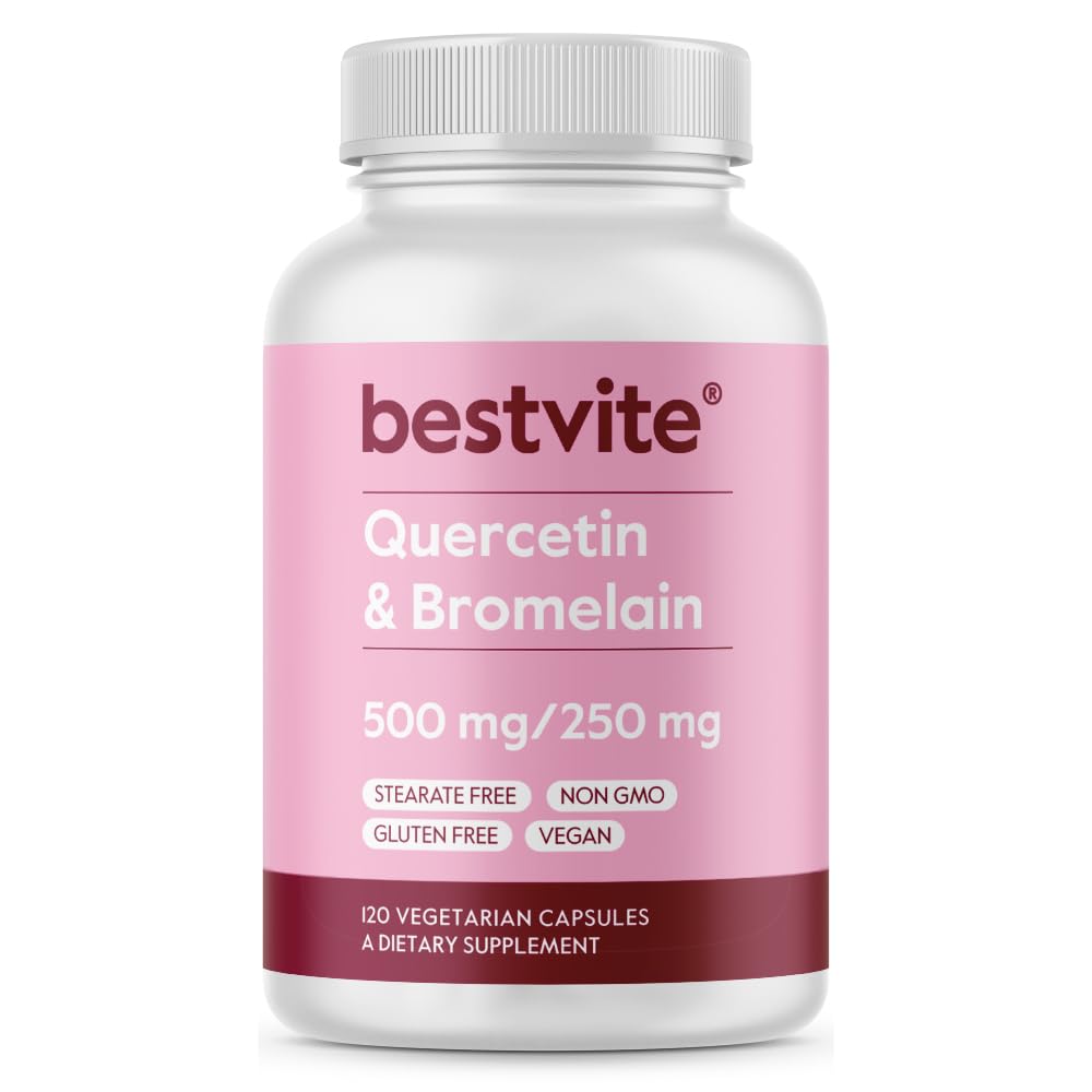 BESTVITE Quercetin s bromelainem 500 mg / 250mg (120 Vegetariánských kapslí) - Žádné stearáty - Žádný oxid křemičitý - Vegan - Non GMO - bez glutenu
