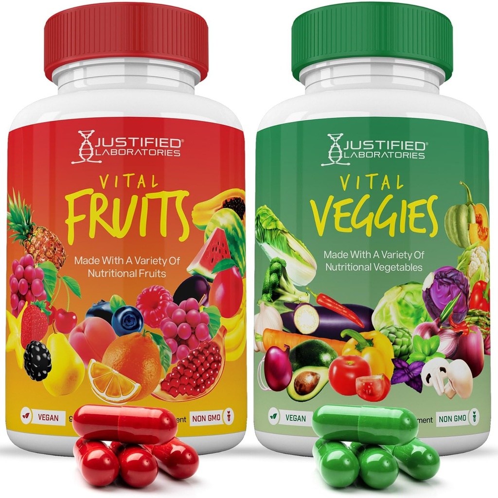 Odůvodněné laboratoře (Sada 2 Vital Ovoce a Veggies Dodatek Červené a Zelené Superfoods Celé jídlo ne GMO Vegan Friendly 180 Veggie Kapsle 2 Lahve
