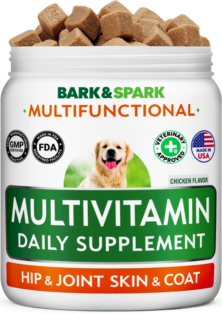 BARK & SPARK Dog Vitamíny a doplňky - Multivitamin Žvýkací ošetření pro psy - Glucosamine Chondroitin pro společnou podporu + Omega pro pleť & Coat + Probiotika - Multi Vitamin pro zdraví zvířat - 120Ct