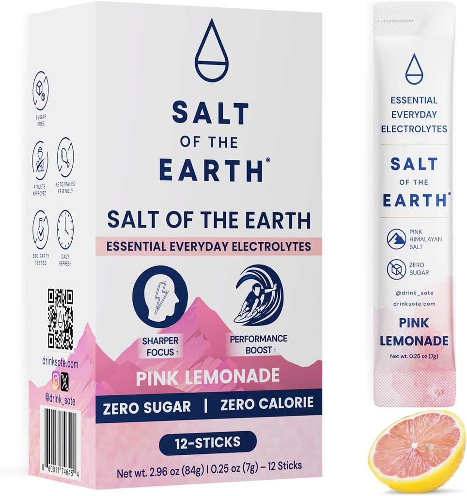 Salt of the Earth Premium Zero- Sugar Electrolyte - Vyrobeno s růžovou himalájskou solí - Hydration Powder Packets 124; Premium Ingredients AF 124; Keto & Paleo Friendly AF 124; 12 Sticks, Pink Lemonade