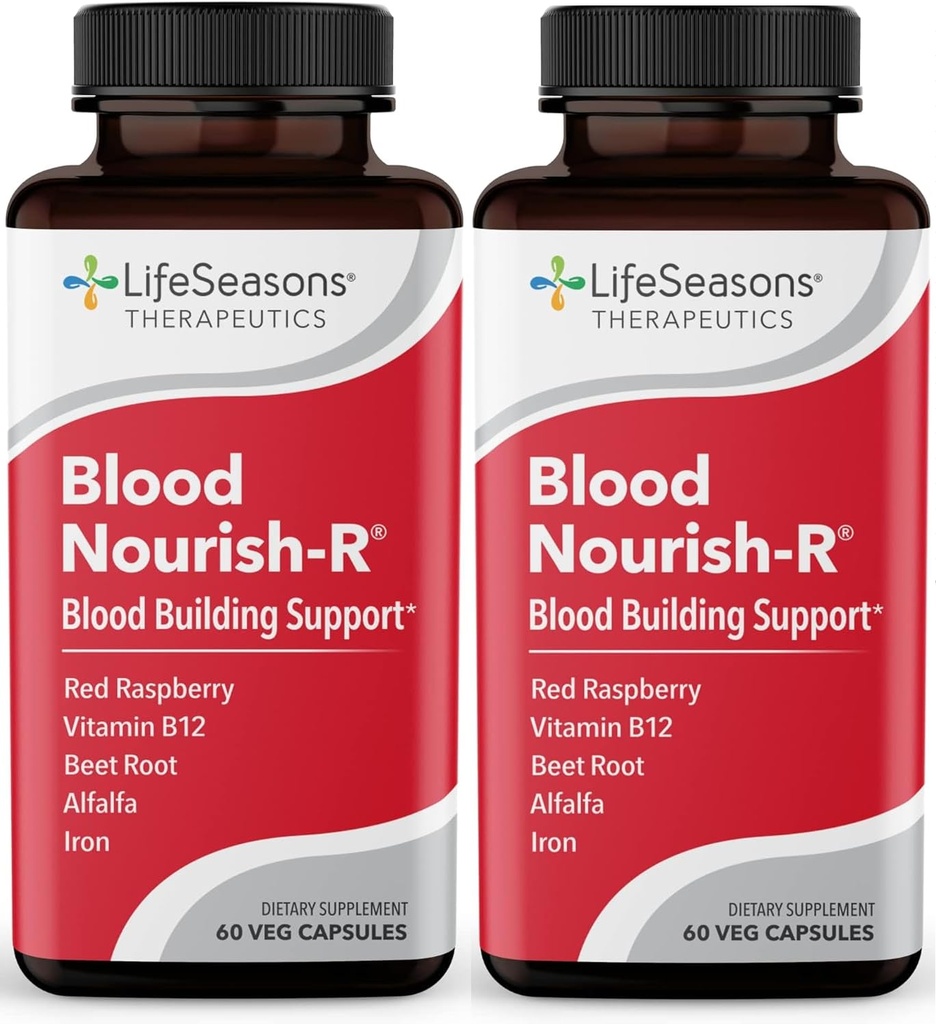 LifeSeasons Blood Nourish-R - Železný dodatek - Nekonstipační - Podporuje anémie, únava, paleta a závrať - Krevní budova - Železo, Alfalfa, Malina & vitamín B-12-60 Kapsle (Balení po 2)