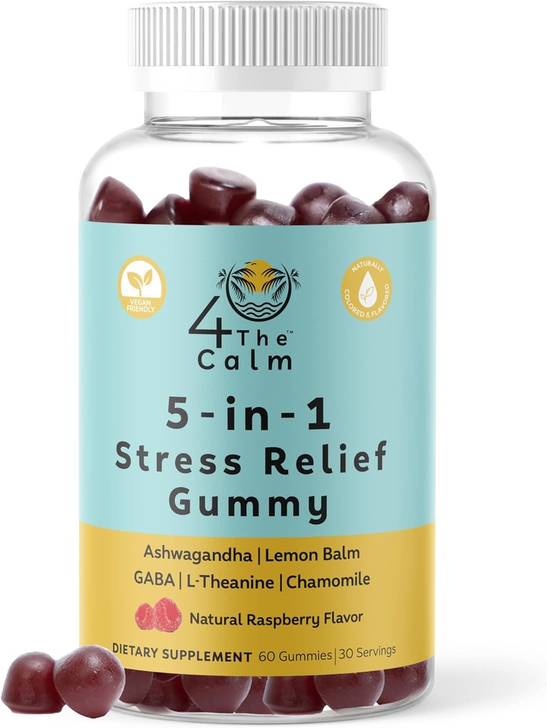 4TheCalm 5in1 Stress Relief Supplement Gummy - GABA, Lemon Balm, L-Theanin, Heřmánek, Ashwagandha - Stres Relief Gummies (Přírodní Raspberry Flavor, 60 Gummies)