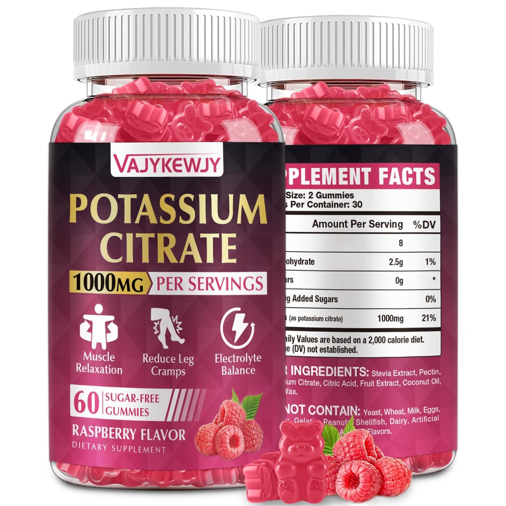 Citrátové žvýkačky draselné, dodatek k draselnému (1000mg), podporuje křeče v noze a svalové zdraví, vhodné pro dospělé a děti, Vegan, Non- GMO, 60- Počet