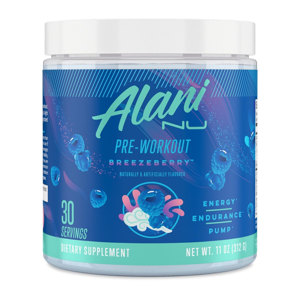 Alani Nu Pre Workout Powder BREEZEBERRY, Amino Energy Boost, Endurance dodatek, Cukr zdarma, 200mg kofein, L-Theanine, Beta-Alanin, L-Citrulline, 30 Služeb