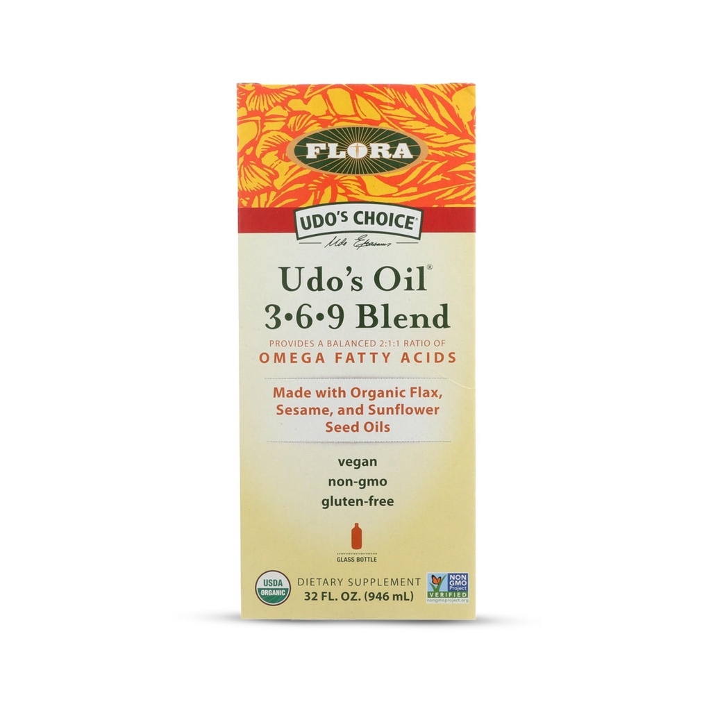 Flora Udo 's Oil 3-6-9 Blend - Vegan Omega-3-6, Obsahuje Organic Coconut, Flax Seed Oil & More - Keep Chilled - 32 fl. oz.