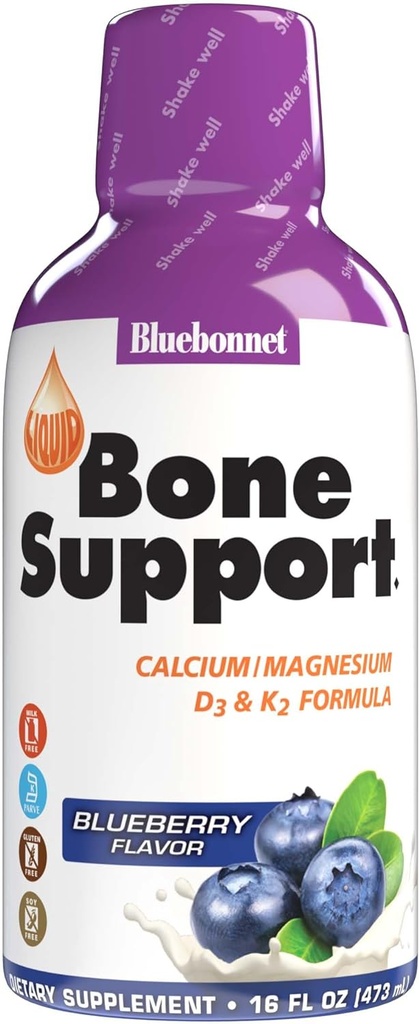 Bluebonnet Nutrition Liquid Bone Support vápník Citrát, Magnesium Citrát, Vitamin D3, K2, pro zdraví kostí, Non GMO, gluten zdarma, Soy free, bez mléka, kosher, 32 Doručování, Blueberry Flavor, 16 Fl Oz (balení po 1)
