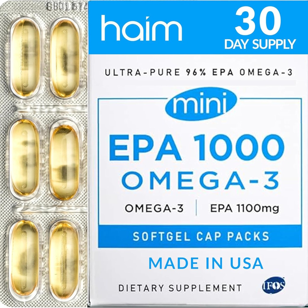HAIM EPA1000 MINI - Pure EPA Fish Oil Supplement - 1,100mg Omega33 pro srdce, mozek a společné zdraví - Vysoká potence, bezproblémové tanga - malé, Easy- to- polykací kapsle - 60 Softbels - Vyrobeno v USA