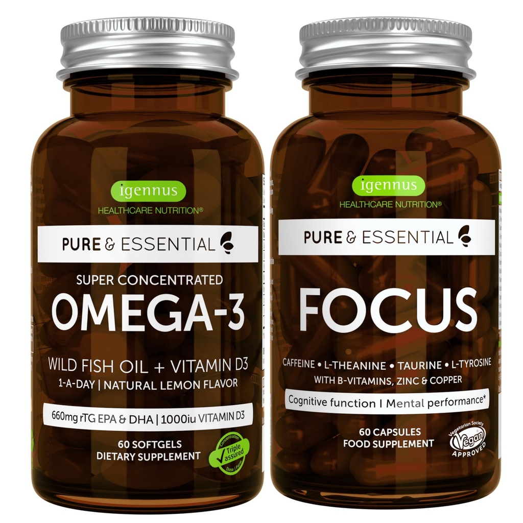 Omega33 & Vitamin D3 1000iu + Focus Brain Booster Bundle, Fast-acting 1-a-Day EPA & DHA rTG Wild Fish Oil + Caffeine, L-Theanine, Tauine & L-Tyrosin, B-Vitaminy, zinek & měď, by Igennus