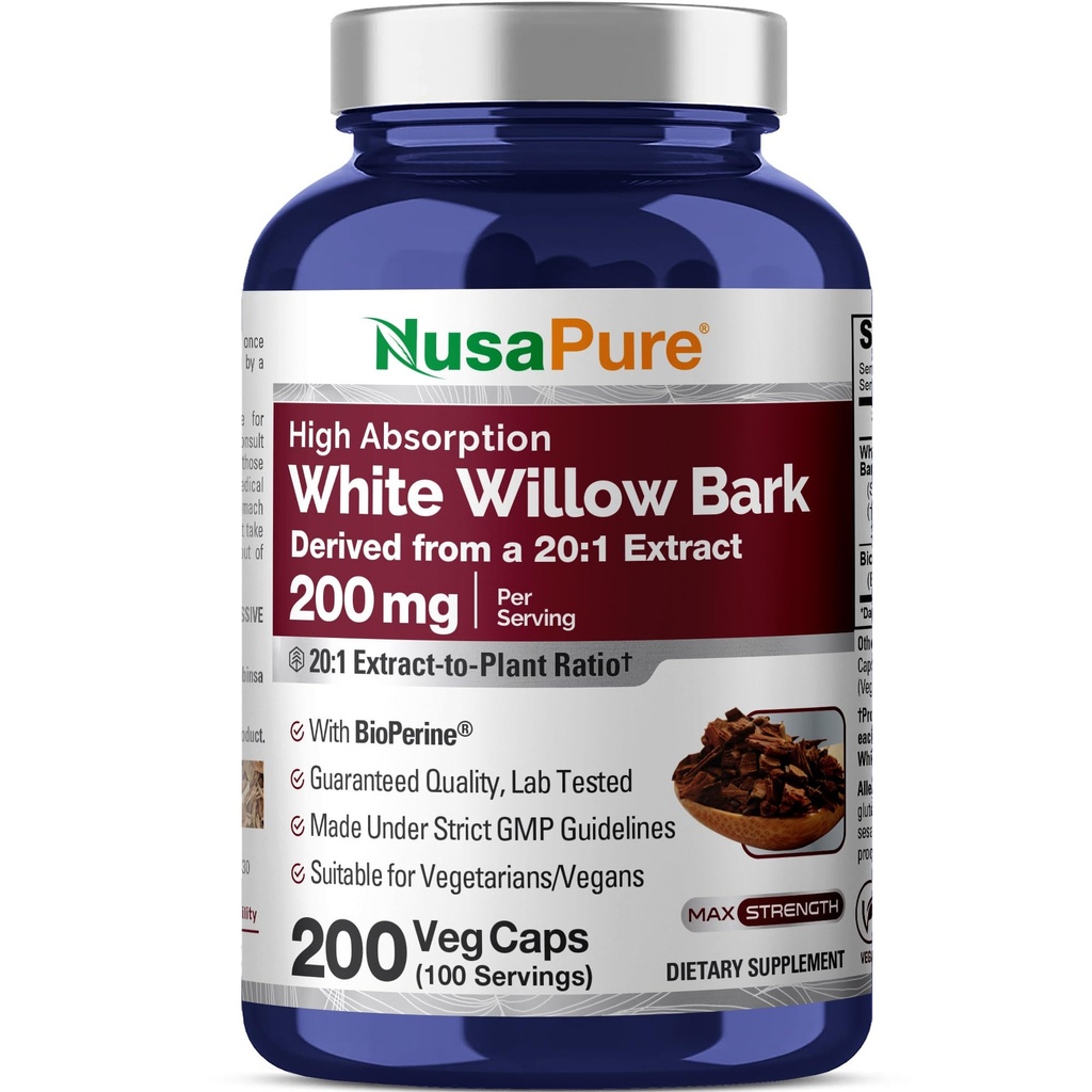 NusaPure White Willow Bark 20: 1 Extract, 200 mg Ekvivalentní k 4000mg, 200 Veggie Kapsle, Max Strength, (Non- GMO, Vegan)